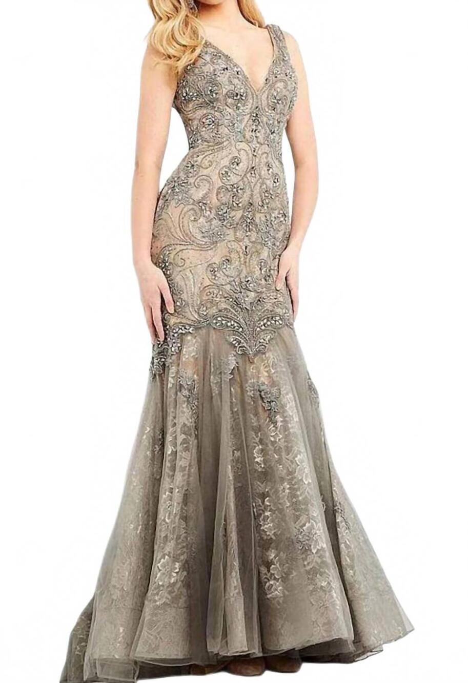 NEW JOVANI crystal beaded vintage-inspired dress in gunmetal